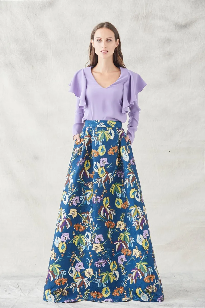 falda larga armada estampada deflores en tejido jacquard