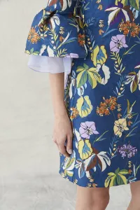 vestido corto evase de jacquar estampado con volante
