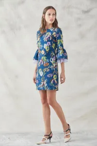 vestido corto evase de jacquar estampado con volante