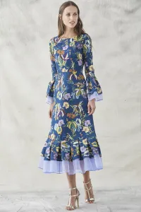vestido midi de manga francesa estampado de flores volante con