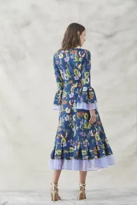 vestido midi de manga francesa estampado de flores volante con