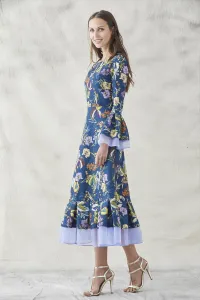 vestido midi de manga francesa estampado de flores volante con