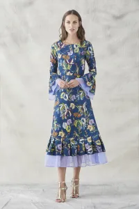 vestido midi de manga francesa estampado de flores volante con