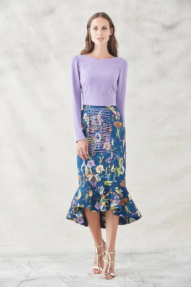 falda midi de jacquard estampada de flores con tiras en malva y