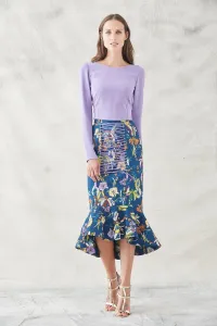 falda midi de jacquard estampada de flores con tiras en malva y