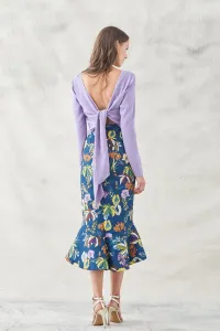 falda midi de jacquard estampada de flores con tiras en malva y