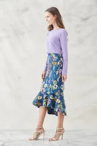 falda midi de jacquard estampada de flores con tiras en malva y