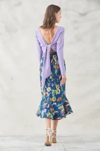 falda midi de jacquard estampada de flores con tiras en malva y