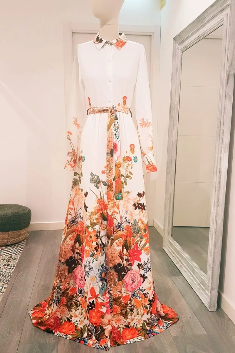Vestido Largo Camisero Crepe saten blanco estampado Flores Cinturon
