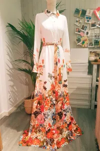 Vestido Largo Camisero Crepe saten blanco estampado Flores Cinturon