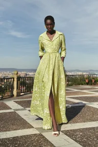 Vestido largo camisero en tejido brocado lima para invitada a