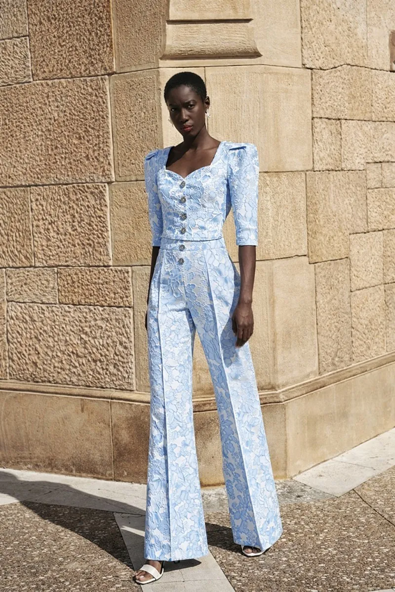 Pantalon palazzo de jacquard brocado azul claro para invitada
