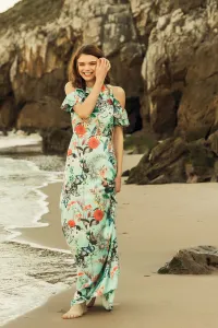 vestido largo estampado mariposas hombros descubiertos