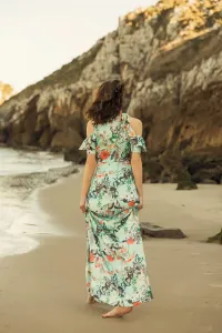 vestido largo estampado mariposas hombros descubiertos