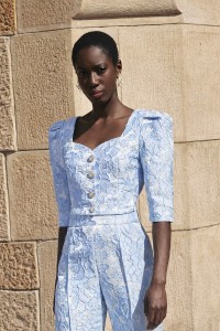 Pantalon palazzo de jacquard brocado azul claro para invitada