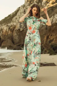 vestido largo estampado mariposas hombros descubiertos