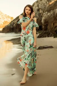 vestido largo estampado mariposas hombros descubiertos