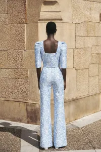 Pantalon palazzo de jacquard brocado azul claro para invitada