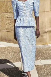 Falda brocada flores azul claro con peplum para invitada