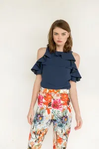 Pantalon pitillo ajustado blanco estampado flores colores tobillo