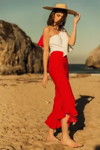 Pantalon estrecho crepe rojo volante