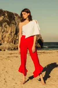 Pantalon estrecho crepe rojo volante