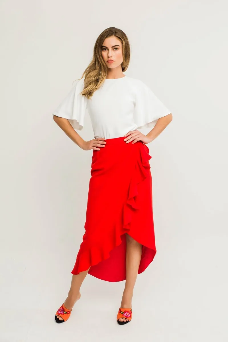 Falda larga crepe rojo midi asimetrica volantes cruzada cenida