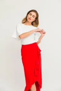 Falda larga crepe rojo midi asimetrica volantes cruzada cenida