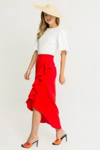 Falda larga crepe rojo midi asimetrica volantes cruzada cenida