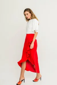 Falda larga crepe rojo midi asimetrica volantes cruzada cenida