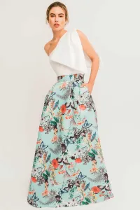 Falda larga otoman azul claro estampada mariposas flores ajustada
