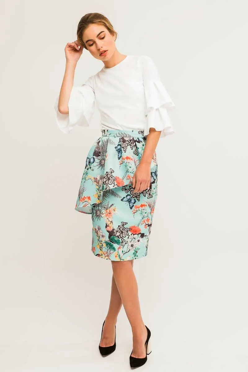 Falda corta otoman mariposas flores corte recto volante peplum