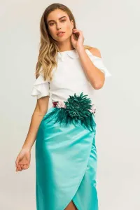 Falda midi asimetrica cruzada saten tornasol turquesa