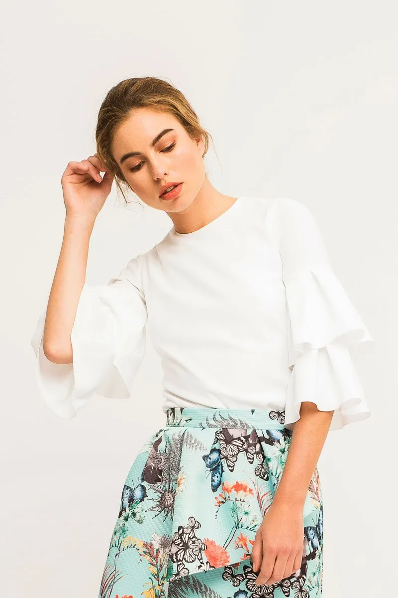 Blusa Blanca Crepe Manga Francesa Volantes Espalda Cerrada