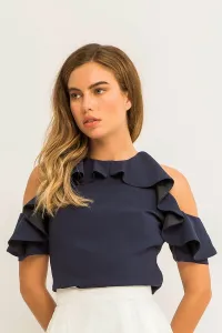 Blusa Azul Marino Crepe Volantes Manga Corta Hombros Descubiertos