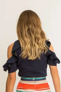 Blusa Azul Marino Crepe Volantes Manga Corta Hombros Descubiertos