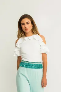Blusa Blanca Crepe Volantes Manga Corta Hombros Descubiertos