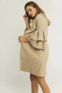 Abrigo Largo Verano Manga Francesa Volantes Crepe Rustico Beige