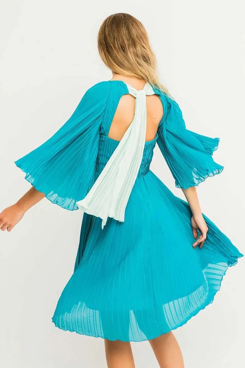 Vestido corto gasa plisada verde azulado manga ranglan lazada