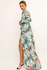 Vestido Largo Camisero Crepe saten estampado Mariposas Flores