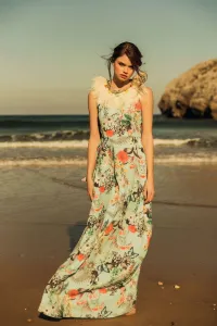 Vestido Largo Crepe Vuelo Mariposas Flores Lazada Espalda Sin Manga