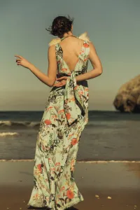 Vestido Largo Crepe Vuelo Mariposas Flores Lazada Espalda Sin Manga