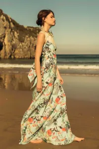 Vestido Largo Crepe Vuelo Mariposas Flores Lazada Espalda Sin Manga