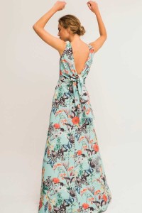 Vestido Largo Crepe Vuelo Mariposas Flores Lazada Espalda Sin Manga