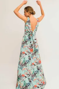 Vestido Largo Crepe Vuelo Mariposas Flores Lazada Espalda Sin Manga