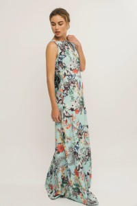Vestido Largo Crepe Vuelo Mariposas Flores Lazada Espalda Sin Manga