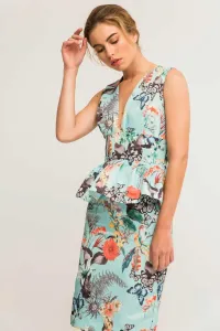 Vestido Corto Peplum Otoman Mariposas Flores Azul claro Sin Mangas