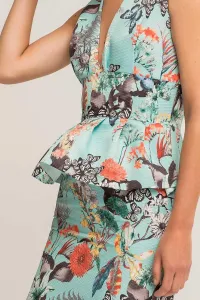 Vestido Corto Peplum Otoman Mariposas Flores Azul claro Sin Mangas