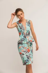 Vestido Corto Peplum Otoman Mariposas Flores Azul claro Sin Mangas