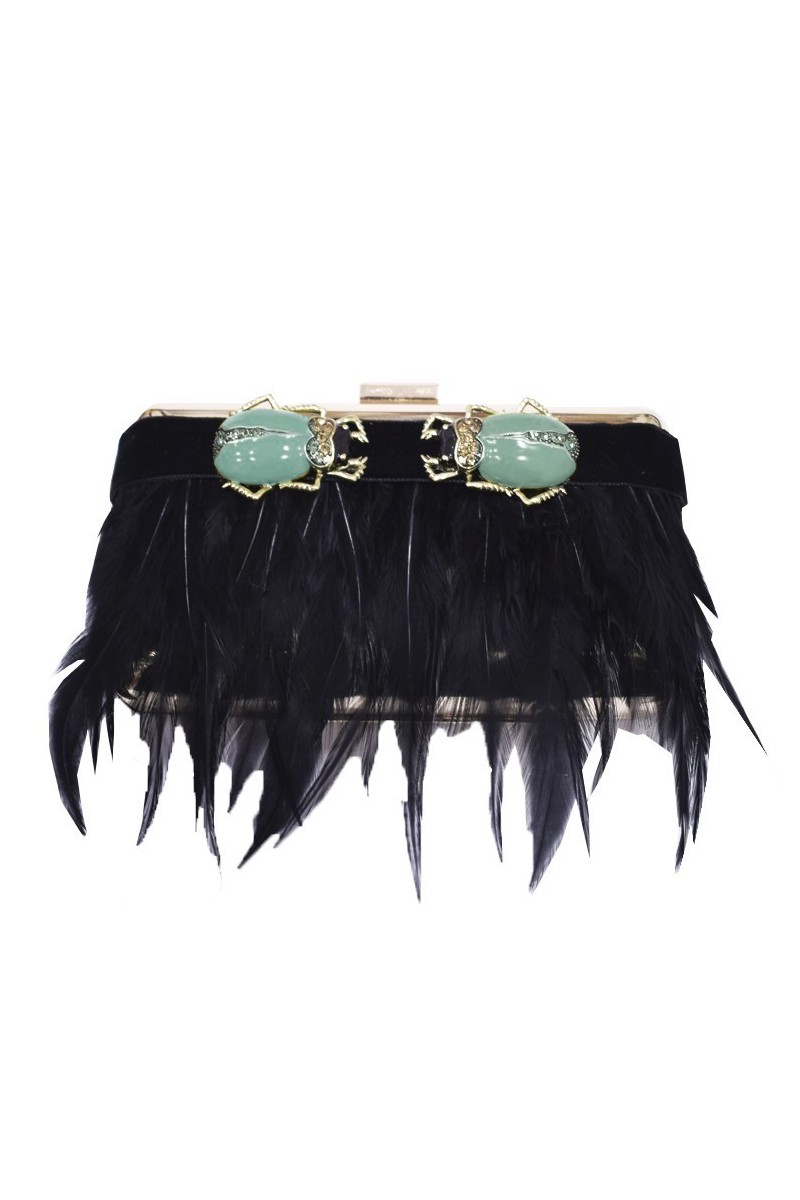Clutch Escarabajo Verde Agua y Plumas Negras